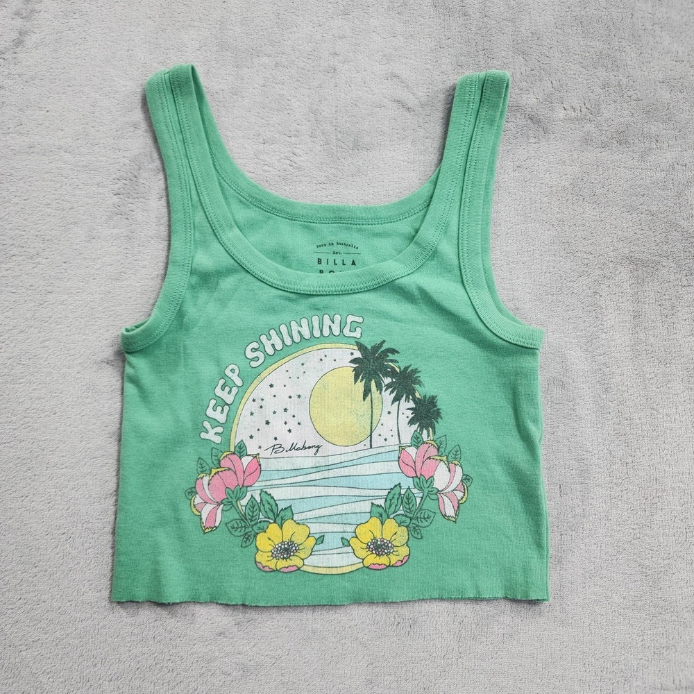 Billabong Tank Womens XS Green Keep Shining Beach Graphic Cropped Scoop Neck‎